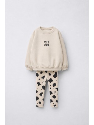 Magu Kız Çocuk Pamuklu Milk Club Baskılı Ekru Sweatshirt ve Desenli Tayt Takımı
