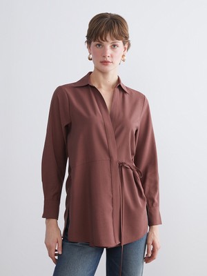 LC Waikiki Lcwaıkıkı Classic Kahverengi Kruvaze Yaka Kadın Gömlek Tunik