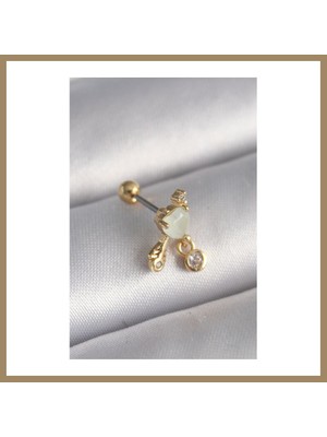 Bezos 316L Çelik Gold Renk Beyaz Mineli Kalp Sallantı Zirkon Taşlı Tragus Piercing 22