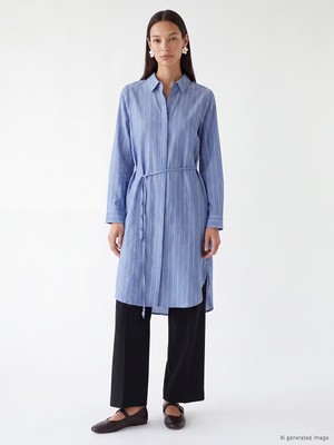 LC Waikiki Lcw Everyday Indigo Çizgili Oversize Kadın Gömlek Tunik