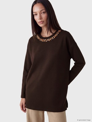 LC Waikiki Lcw Everyday Kahverengi Soft Touch Taşlı Oversize Kadın Sweatshirt Tunik