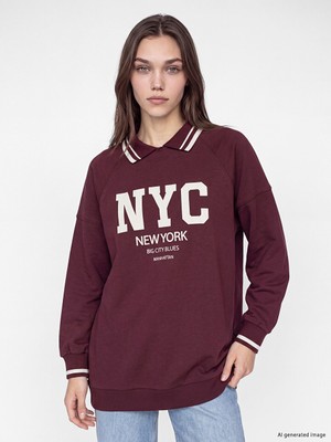 LC Waikiki Lcw Modest Mürdüm Polo Yaka Oversize Kadın Sweatshirt Tunik
