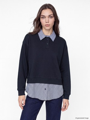 LC Waikiki Lcw Modest Lacivert Polo Yaka Ekose Kadın Sweatshirt Tunik