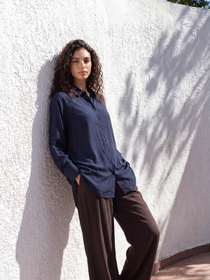 LC Waikiki Lcw Modest Lacivert Modal Karışımlı Oversize Kadın Gömlek Tunik