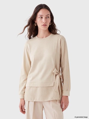 LC Waikiki Lcw Modest Bej Çizgili Soft Touch Kadın Sweatshirt Tunik