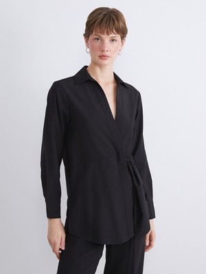 LC Waikiki Lcwaıkıkı Classic Siyah Kruvaze Yaka Kadın Gömlek Tunik