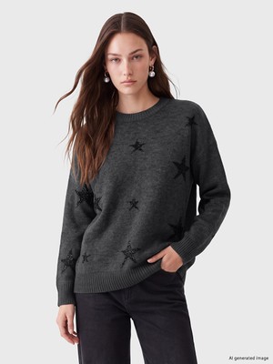 LC Waikiki Lcw Modest Antrasit Bisiklet Yaka Yıldız Desenli Kadın Triko Tunik