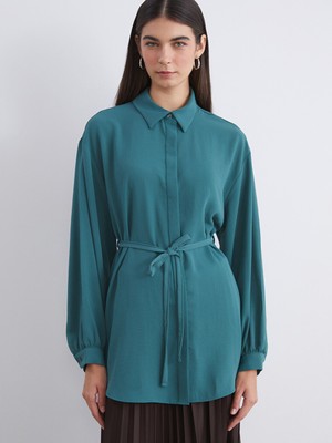LC Waikiki Lcw Modest Yeşil Dokulu Oversize Kadın Gömlek Tunik