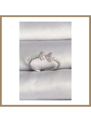 Bezos Pirinç Gümüş Renk Zirkon Taşlı Fiyonk Inci Detay Ayarlanabilir Yüzük 22