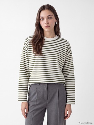 LC Waikiki Lcw Modest Haki Çizgili Oversize Kadın Sweatshirt Tunik