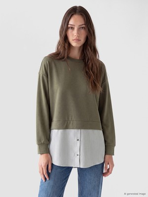 LC Waikiki Lcw Modest Yeşil Soft Touch Çizgili Kadın Sweatshirt Tunik