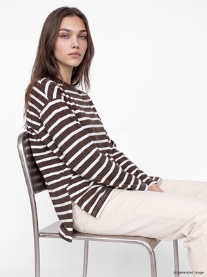 LC Waikiki Lcw Modest Ekru Çizgili Oversize Kadın Sweatshirt Tunik