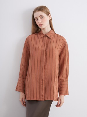 LC Waikiki Lcw Modest Turuncu Çizgili Modal Karışımlı Kadın Gömlek Tunik