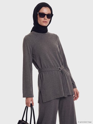 LC Waikiki Lcw Modest Antrasit Bisiklet Yaka Kuşaklı Kadın Tunik