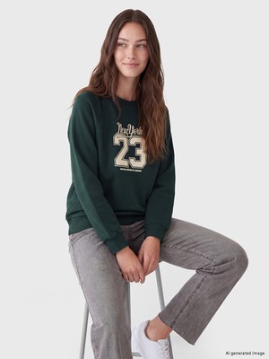 LC Waikiki Lcw Modest Yeşil Baskılı Oversize Kadın Kalın Sweatshirt Tunik