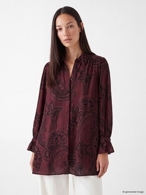 LC Waikiki Lcw Everyday Bordo Desenli Büzgülü Kadın Gömlek Tunik