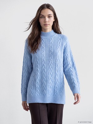 LC Waikiki Lcw Modest Mavi Dik Yaka Desenli Kadın Triko Tunik