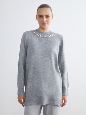 LC Waikiki Lcw Modest Antrasit Bisiklet Yaka Taşlı Kadın Triko Tunik