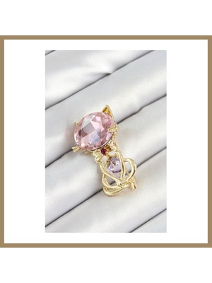 Bezos Pembe Zirkon Taşlı Kap Detaylı Kedi Figürlü Gold Renk Kadın Broş 22