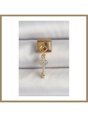 Bezos 316L Çelik Gold Renk Sallantı Zirkon Taşlı Anahtar Model Nomination Charm 22
