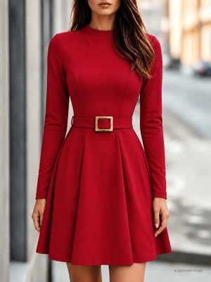 Trend Metkar Kadın Uzun Kollu Yarı Balıkçı Yakalı Belinde Toka Detaylı Kısa Modal Elbise