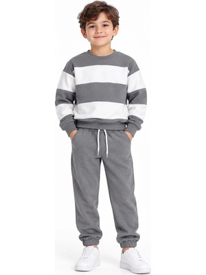 Lugmo Erkek Çocuk Gri Beyaz Renk Bloklu 3 Iplik Sweatshirt ve Jogger Eşofman Takımı – 2 Parça
