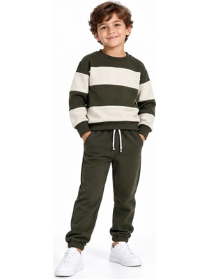 Lugmo Erkek Çocuk Haki Ekru Renk Bloklu 3 Iplik Sweatshirt ve Jogger Eşofman Takımı – 2 Parça