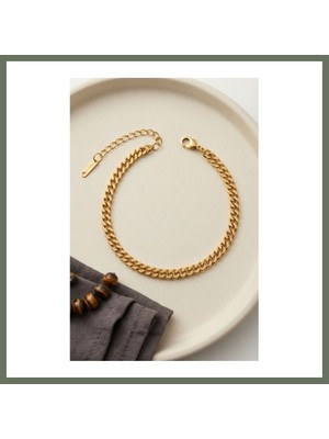 Bezos 316L Çelik Gold Renk Ince Cuban Zincir Model Erkek Bileklik Bezos1