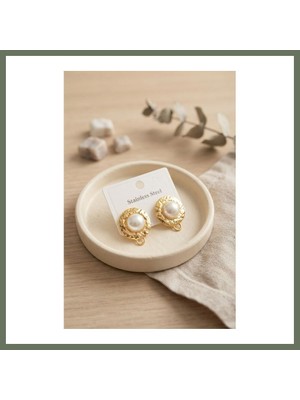Bezos 316L Çelik Gold Renk Incili Model Küpe Bezos1