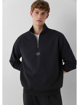 Mavi Mavi Logo Baskılı Yarı Fermuarlı Siyah Interlok Sweatshirt 0S10681-900
