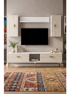 Yumedi Design TVR1517BTG - Ayshe Tv Ünitesi Takımı 150CM Beyaz-Traverten-Gold