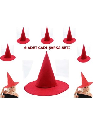MiraLive Kırmızı Renk Keçe Cadı Şapkası Yetişkin Çocuk Uyumlu 6 Adet