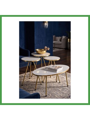Soi Home Gold Oval Sehpa Seti Beyaz 4'lü Soı