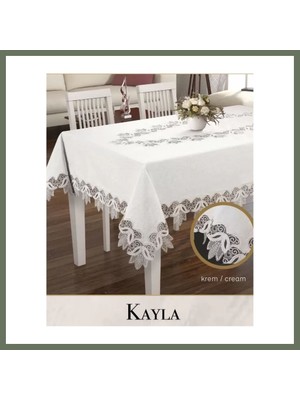Bezos Kayla Model Krem Keten Masa Örtüsü 155X260 cm Dantel Şık Yemek Masası Örtüsü Bezos1