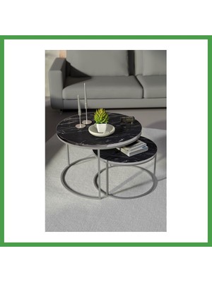 Soi Home Gümüş Metal Orta Sehpa Bendir Siyah 2'li Soı