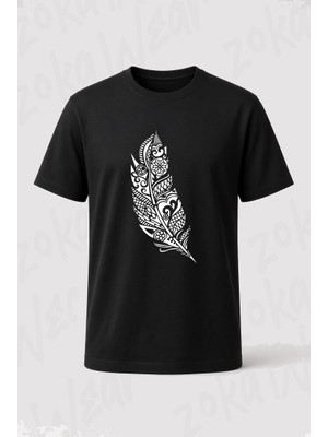 Zoka Wear Illustrasyon Kus Tuyu Kara Kalem Tasarim Baskılı Tişört