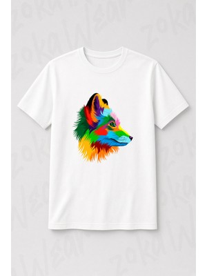 Zoka Wear Renkli Tilki Baskili Sanatsal Ki Baskılı Tişört