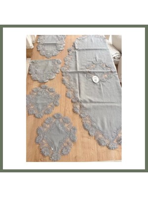 Bezos Salon Takımı Çeyizlik Gri Runner Set 5 Parça Keten Masa Örtüsü Runneri Flowers Bezos1