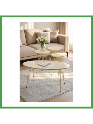 Soi Home Zigon Sehpa ve Orta Sehpa Elips Set Gold Krem Tel Soı