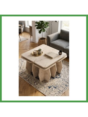 Soi Home Orta Sehpa ve Zigon Sehpa 5'li Set Modern Çok Amaçlı Salon Oturma Odası Yan Sehpa 9249 Traverten Soı