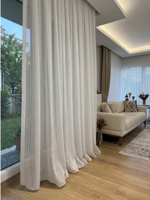 Favolli Dikey Çift Çizgili Tül Perde, Armürlü Doku, 1/3 Sık Pile ve Hazır Dikim