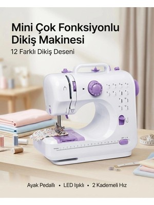 Herşey Trend Ev Tipi Mini Dikiş Makinesi Ayak Pedallı LED Aydınlatmalı 12 Farklı Dikiş Desenli