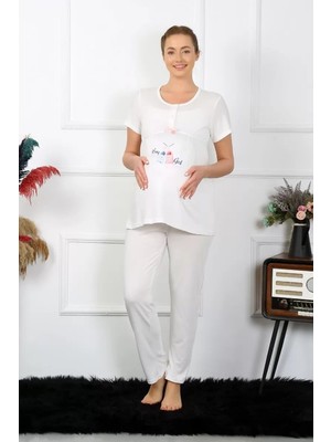 Lume Kadın Kısa Kol Hamile Lohusa Pijama Takımı Ekru Gecelik