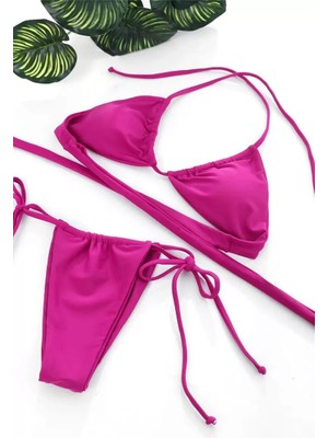 Lume Kadın Fuşya Üçgen Bikini Takımı Yandan Bağlamalı Tangalı Canlı Renk Şık Mayo Seti