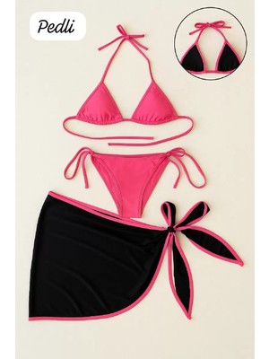 Lume Kadın Fuşya Siyah Pareolu Yandan ve Boyundan Bağlamalı 3'lü Bikini Takımı
