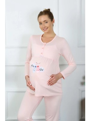 Lume Kadın Uzun Kol Hamile Lohusa Pijama Takımı Pudra Gecelik