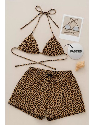 Lume Kadın Leopar Desenli Şortlu Belden ve Boyundan Bağlamalı Bikini Takımı