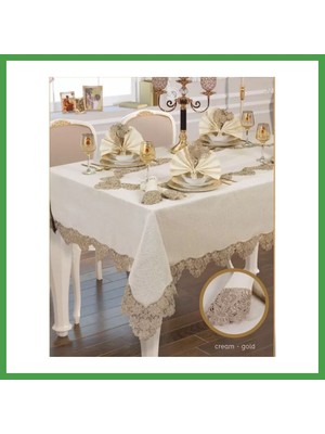 Soi Home El Işi Angles Flora 17 Parça 8 KIŞILIK165 × 265 cm Runner Krem-Gold Şık Çeyizlik Masa Takımı Soı
