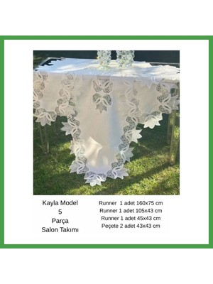 Soi Home Salon Takımı 5 Parça Keten Masa Örtüsü Runner Seti Çeyizlik Kayla Model No 2323 Krem-Krem Soı