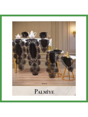 Soi Home Salon Takımı 5 Parça Keten Masa Örtüsü Runner Seti Çeyizlik Palmiye Model No 70804 Siyah Soı